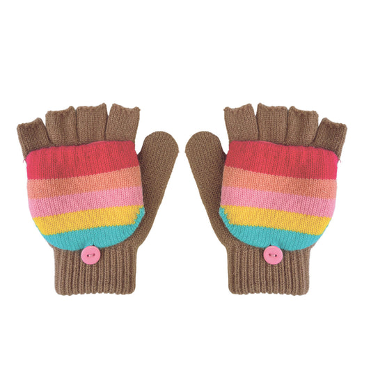 A pair of fingerless gloves by Rockahula, style Rainbow Stripe, with fleece lined cap fastened by button, in rainbow stripe and brown. Front view.