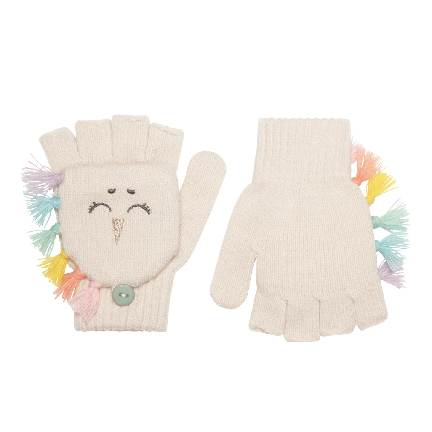 A pair of knitted fingerless gloves by Rockahula, style Rainbow Unicorn M2230M  in cream with fleece lined buttoned finger cap and embroidered unicorn face. With rainbow fringe detail. Front and back view.