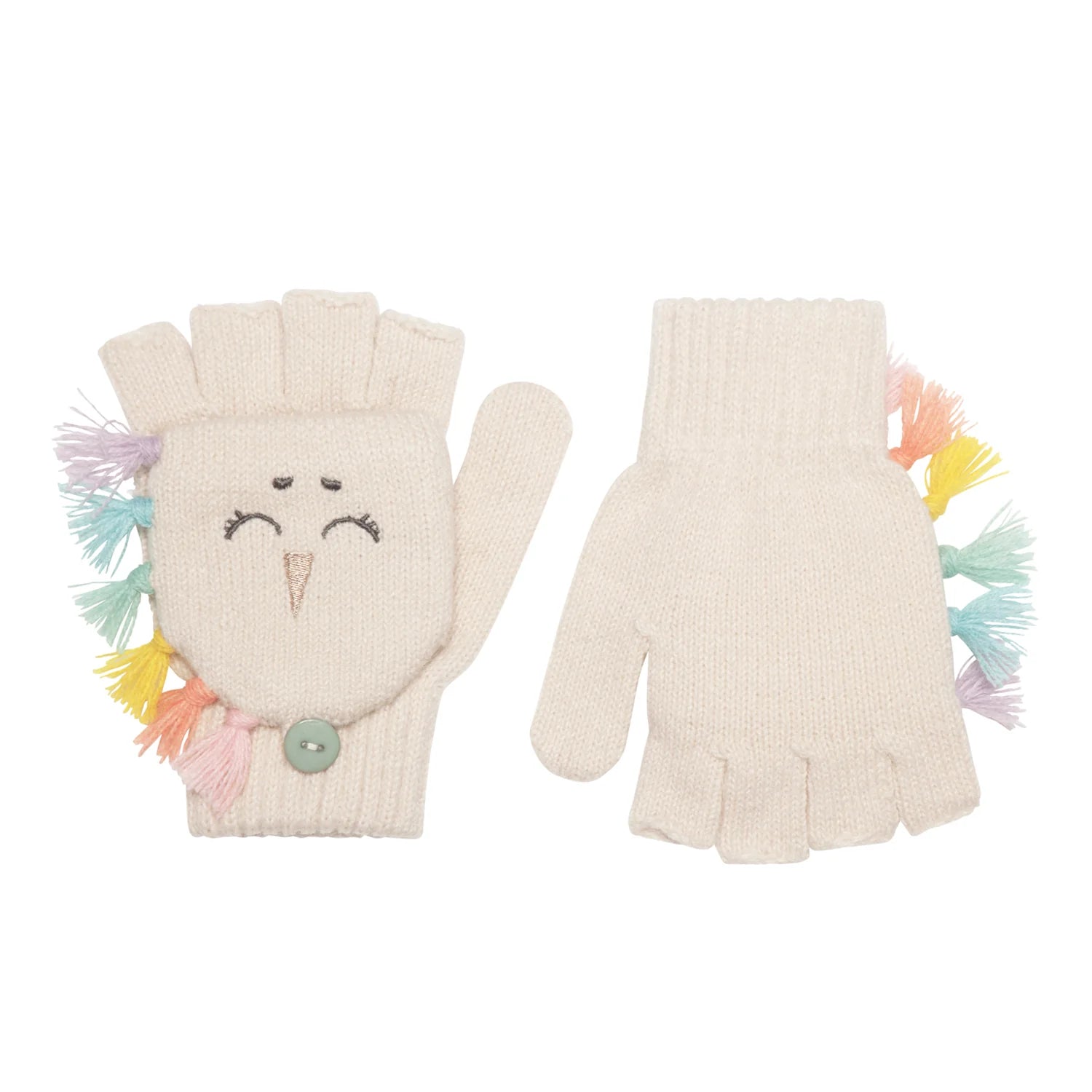 A pair of knitted fingerless gloves by Rockahula, style Rainbow Unicorn M2230M  in cream with fleece lined buttoned finger cap and embroidered unicorn face. With rainbow fringe detail. Front and back view.