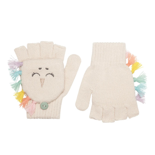 A pair of knitted fingerless gloves by Rockahula, style Rainbow Unicorn M2230M  in cream with fleece lined buttoned finger cap and embroidered unicorn face. With rainbow fringe detail. Front and back view.