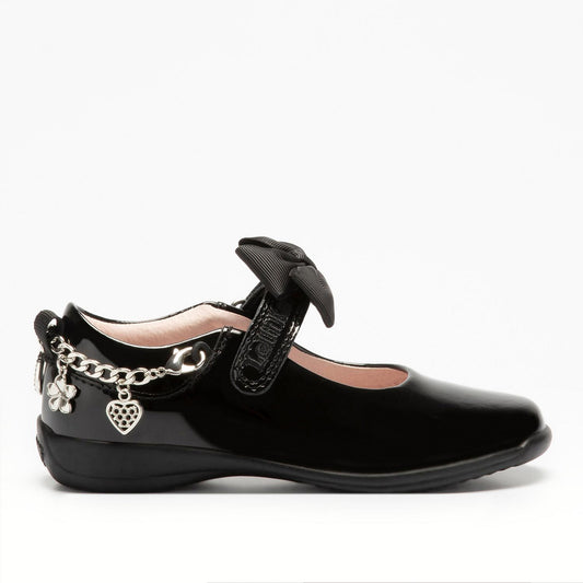 A girls Mary Jane school shoe by Lelli Kelly, style LK8219 Jewel, in black patent leather with velcro fastening and detachable fabric bow and bracelet. Right side view.