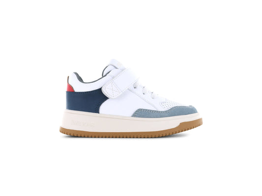 A boys trainer by Shoesme, style NO24S002-A, in white leather with navy, red and grey trim set on a cream sole unit.
Velcro and elastic lace fastening.
Right side view.
