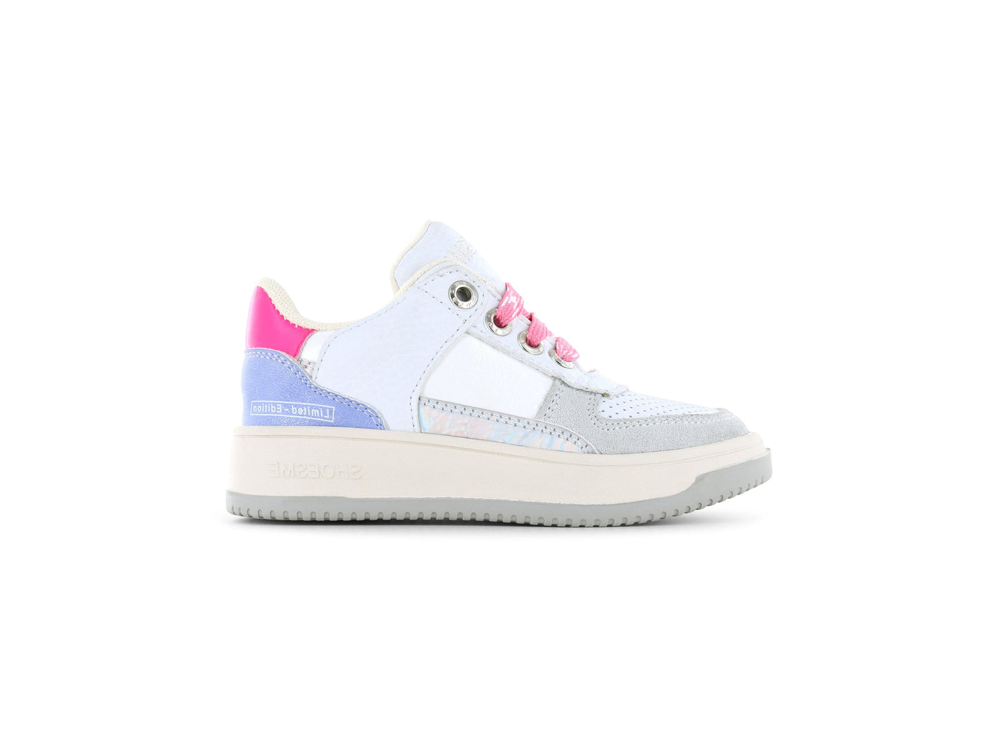A girl's chunky trainer by Shoesme, style NO24S003-A, in white leather with pink and lilac trim set on a cream sole unit.
Pink lace and zip fastening.
Right side view.
