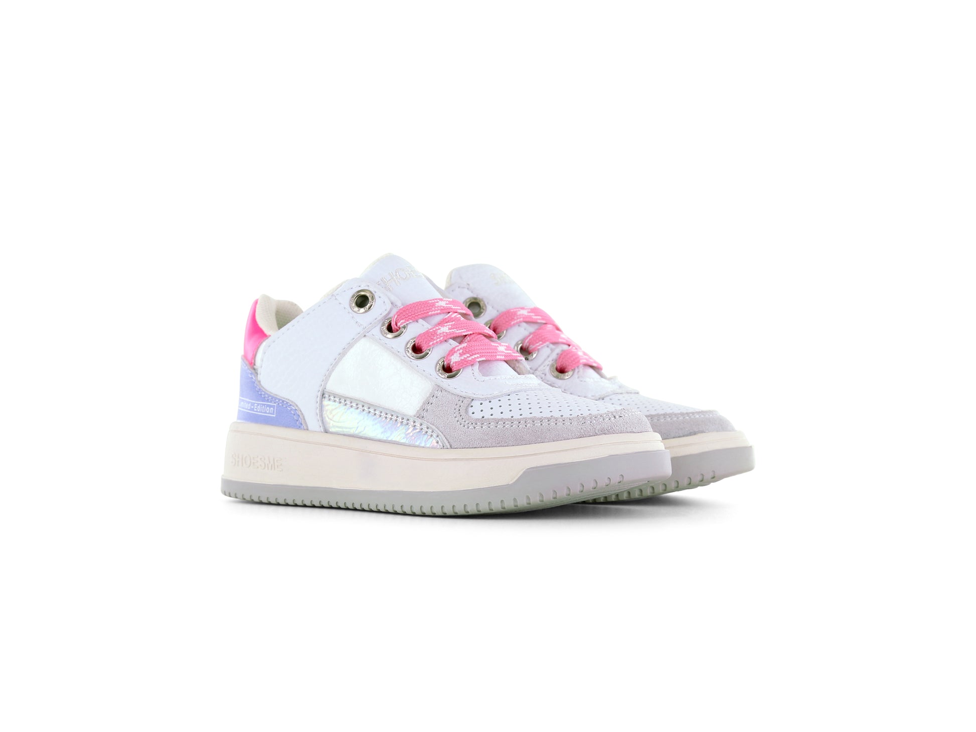 A pair of girl's chunky trainer's by Shoesme, style NO24S003-A, in white leather with pink and lilac trim set on a cream sole unit.
Pink lace and zip fastening.
Right side view.