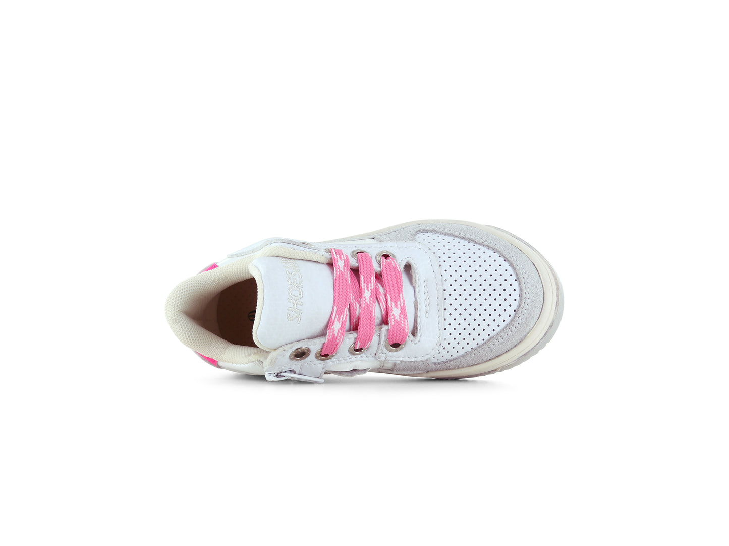 A girl's chunky trainer by Shoesme, style NO24S003-A, in white leather with pink and lilac trim set on a cream sole unit.
Pink lace and zip fastening.
Front view.