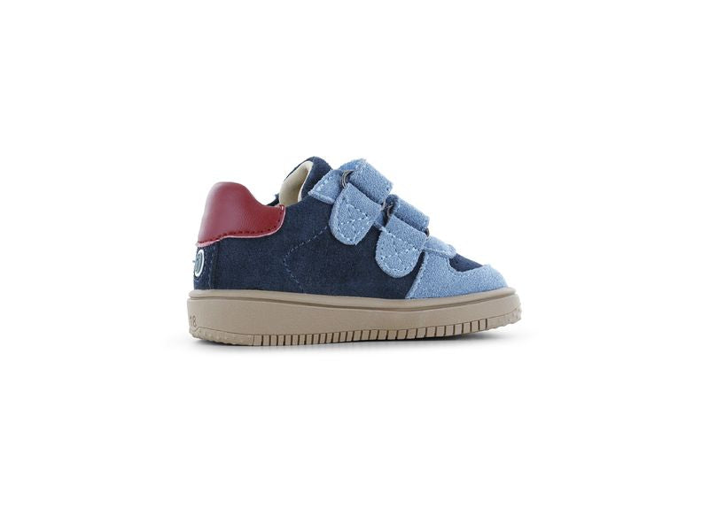 Shoesme Mid Top Trainer in navy and light blue with double Velcro strap, red and white detailing and a gum sole. Inner left side view