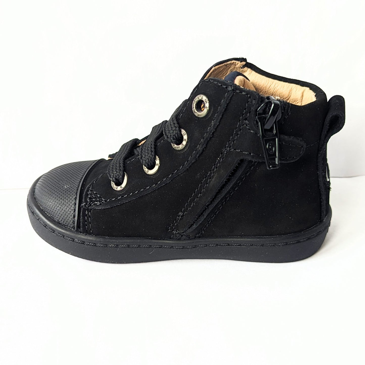 A unisex hi-top boot by Shoesme, style FL23W002-A in black leather nubuck with lace and zip fastening. Left side view.