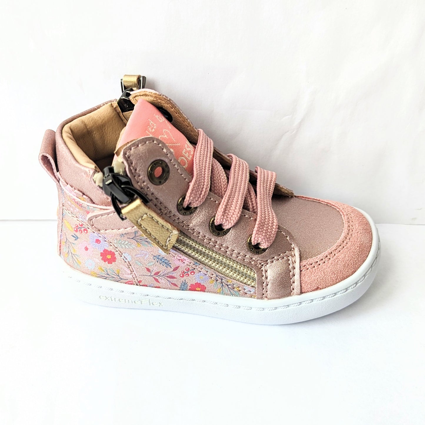 A girls hi-top boot by Shoesme, style FL23W008-B, in rose gold floral leather and suede with detachable teddy bear and lace and zip fastening. Right side view.