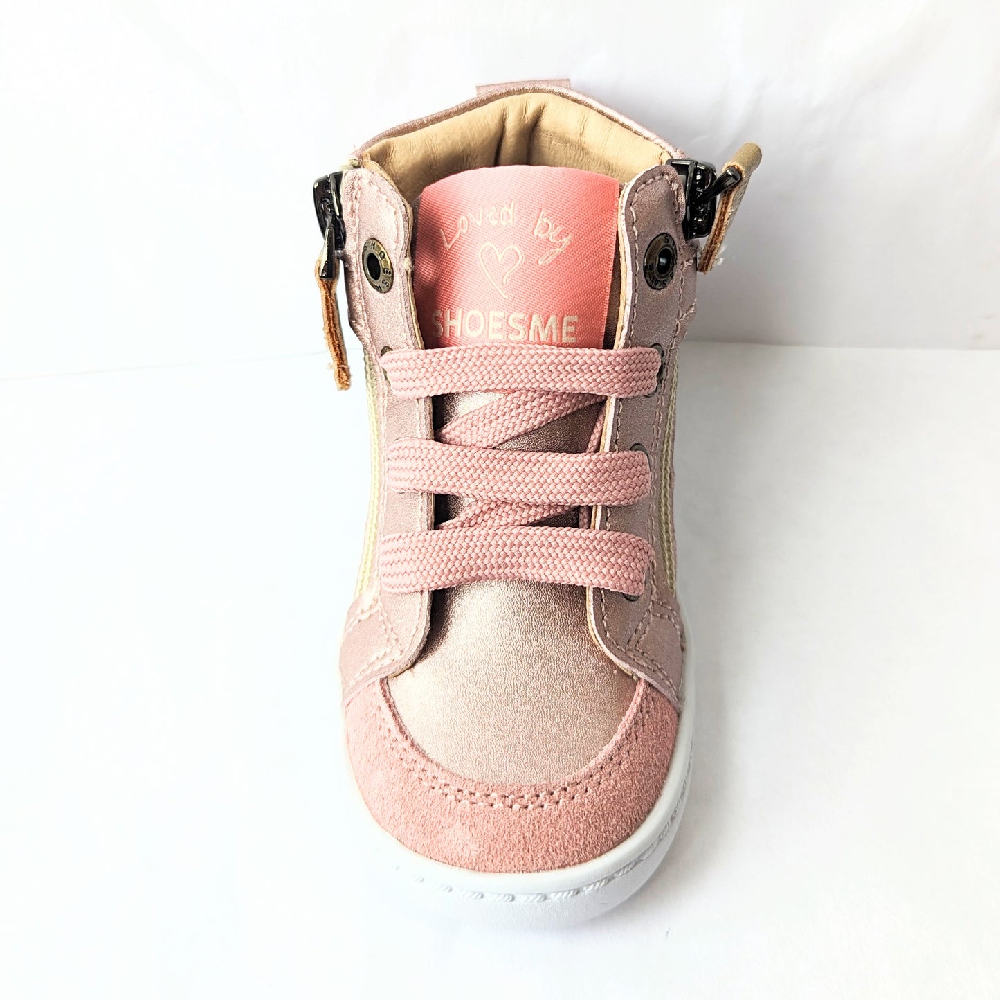 A girls hi-top boot by Shoesme, style FL23W008-B, in rose gold floral leather and suede with detachable teddy bear and lace and zip fastening.  Front view.