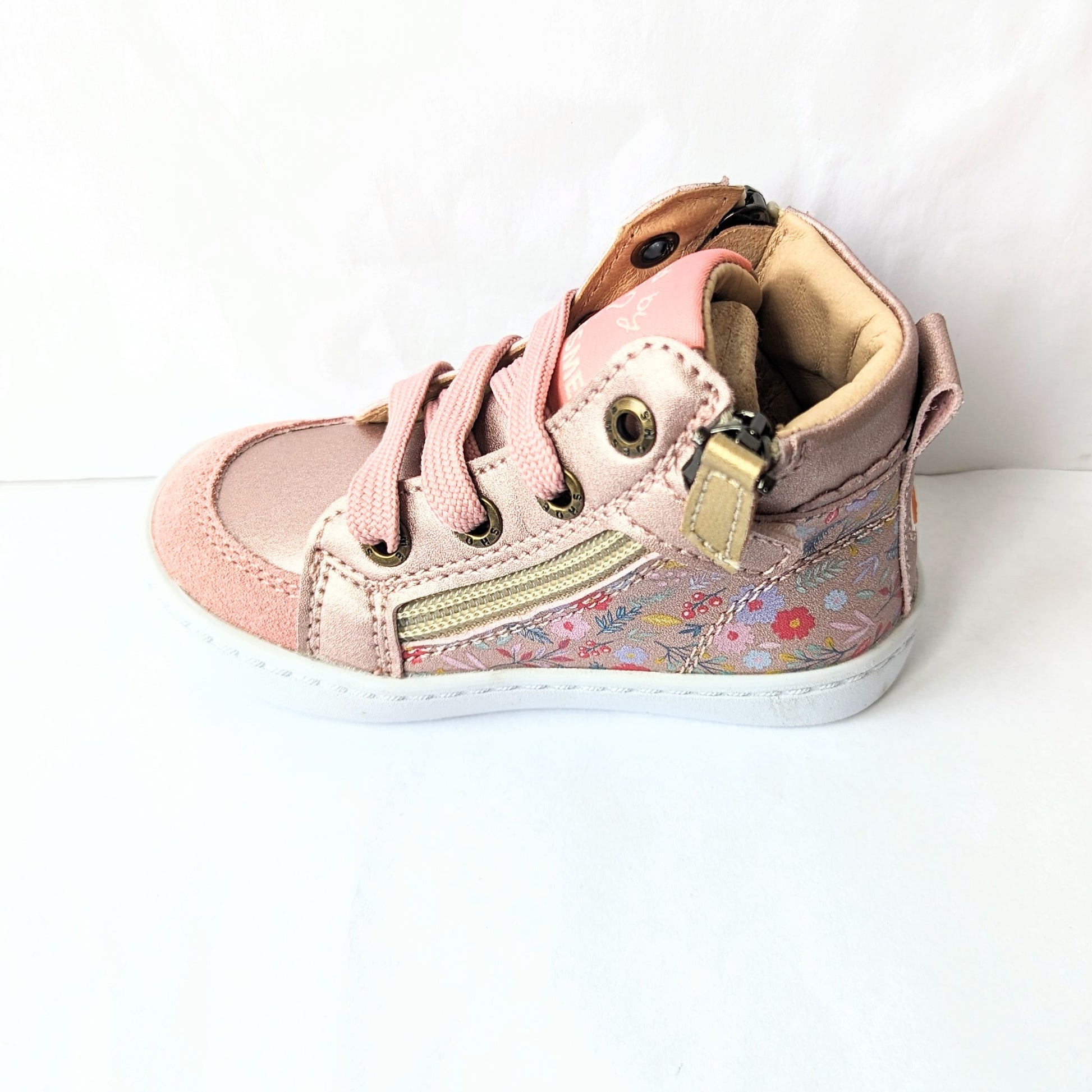 A girls hi-top boot by Shoesme, style FL23W008-B, in rose gold floral leather and suede with detachable teddy bear and lace and zip fastening. Left side view.