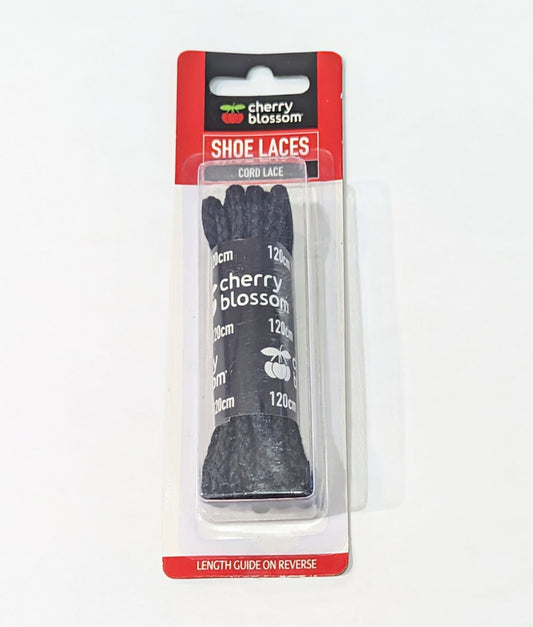Image of a pair of Cherry Blossom 120cm Round Cord Shoe Laces in Black. 