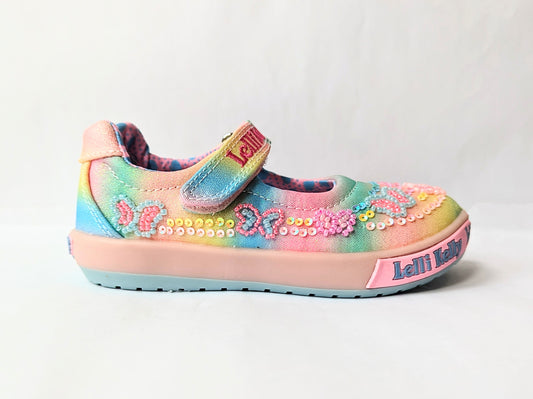 A girls Mary Jane shoe by Lelli Kelly, style LKED3463 Myla, in multi coloured canvas with sequin and bead embellishments and velcro fastening.Right side view.
