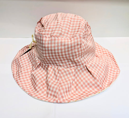 A pink and white gingham sun hat by Rockahula on a white background