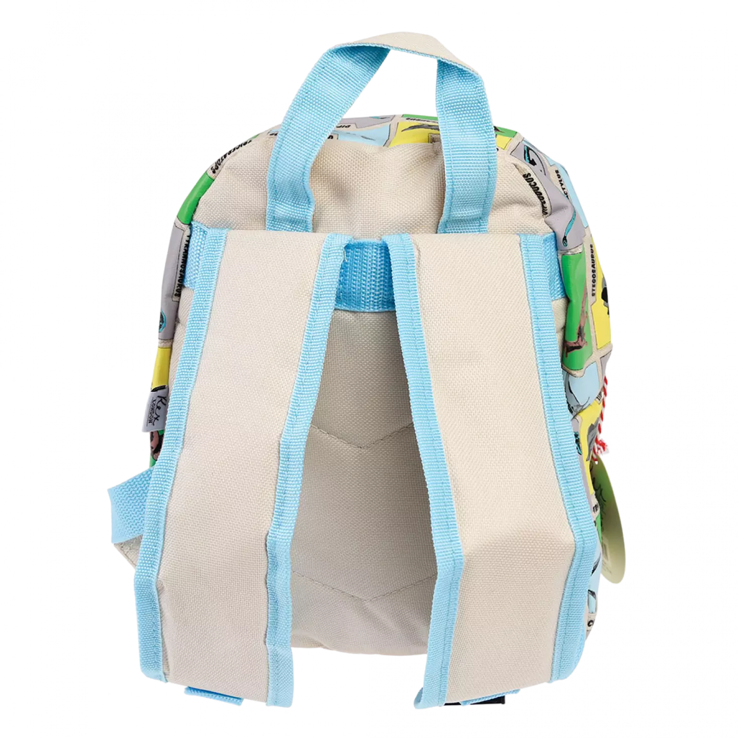 A childs backpack by Rex London, style Prehistoric Land, in blue, green and yellow multi dino print, two compartments with zip fastenings. Back view of padded straps.