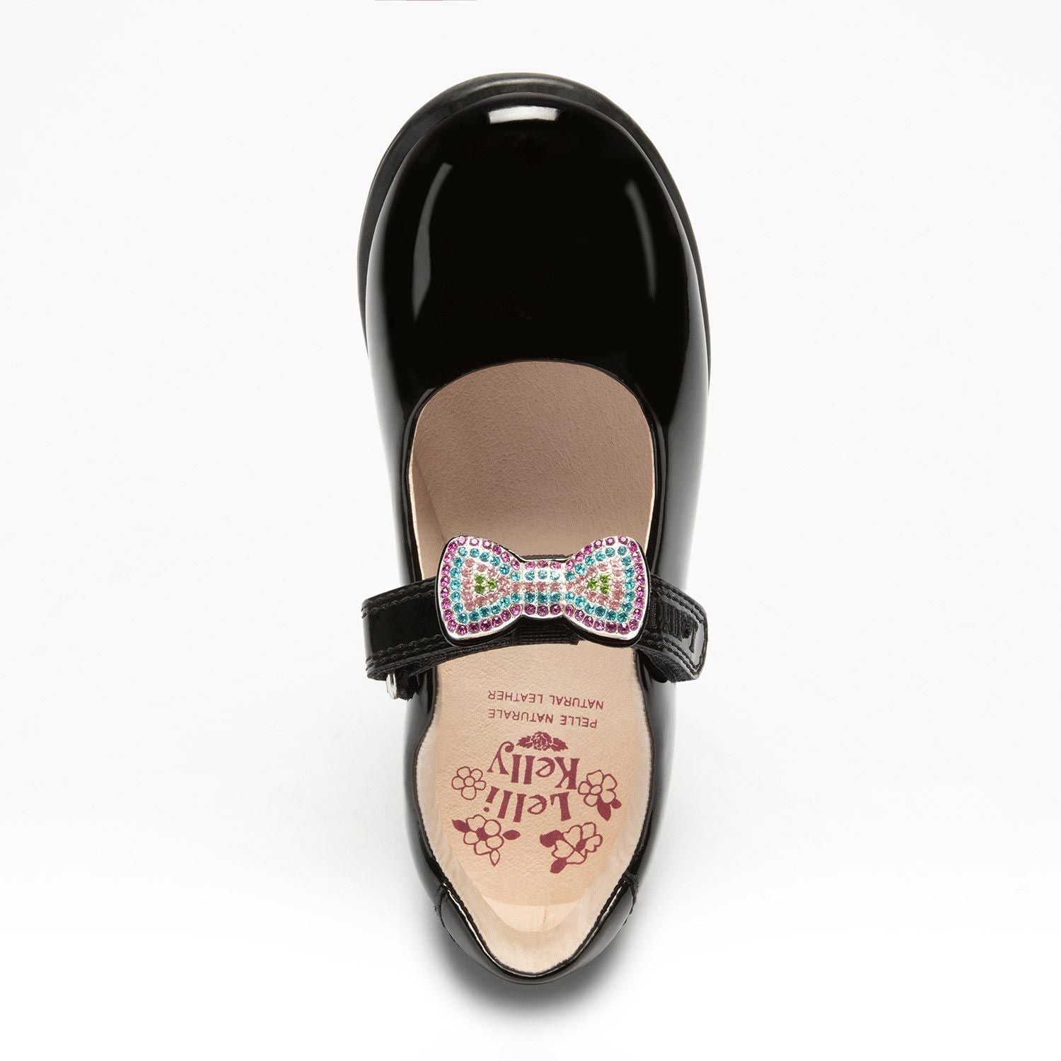 A girls Mary Jane school shoe by Lelli Kelly, style LK8116 Erin, in black patent leather with velcro fastening and detachable multicoloured bow. Above view.