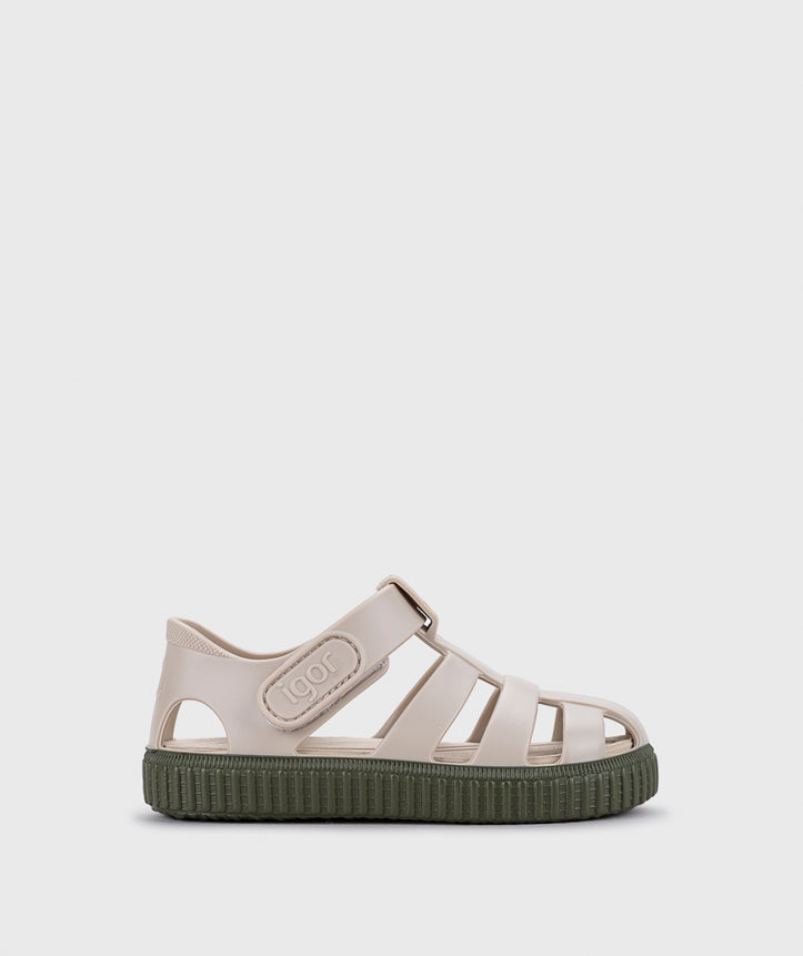 A unisex sandal by Igor, style Nico in khaki with velcro strap and dark green sole. Right side view