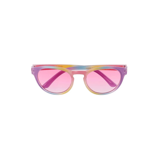 Pastel rainbow sunglasses by Rockahula with pink lenses on a white background