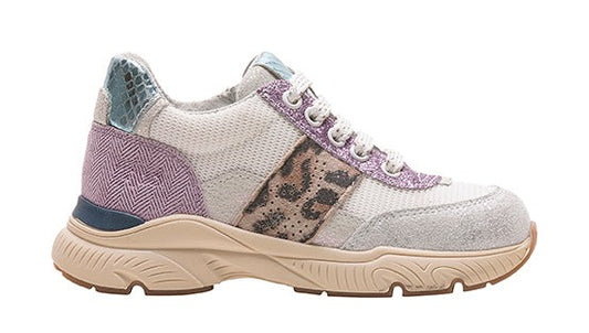 A girls casual trainer by Bopy, style Sarbacane, in beige multi with leopard side and lace fastening. Right side view.