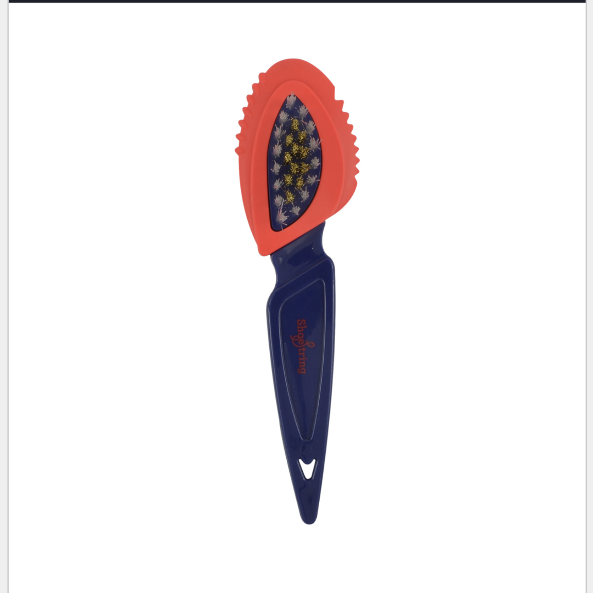 Image of a red and blue ShoeString suede brush.
