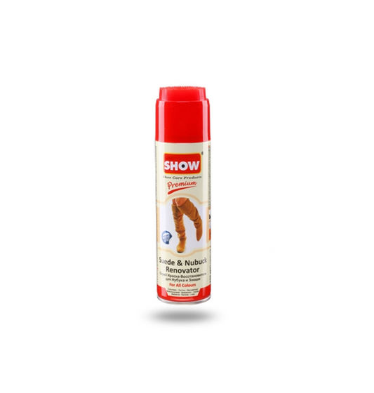 Image of the bottle SHOW® Suede & Nubuck Renovator Spray in neutral with red Brush Cap top.