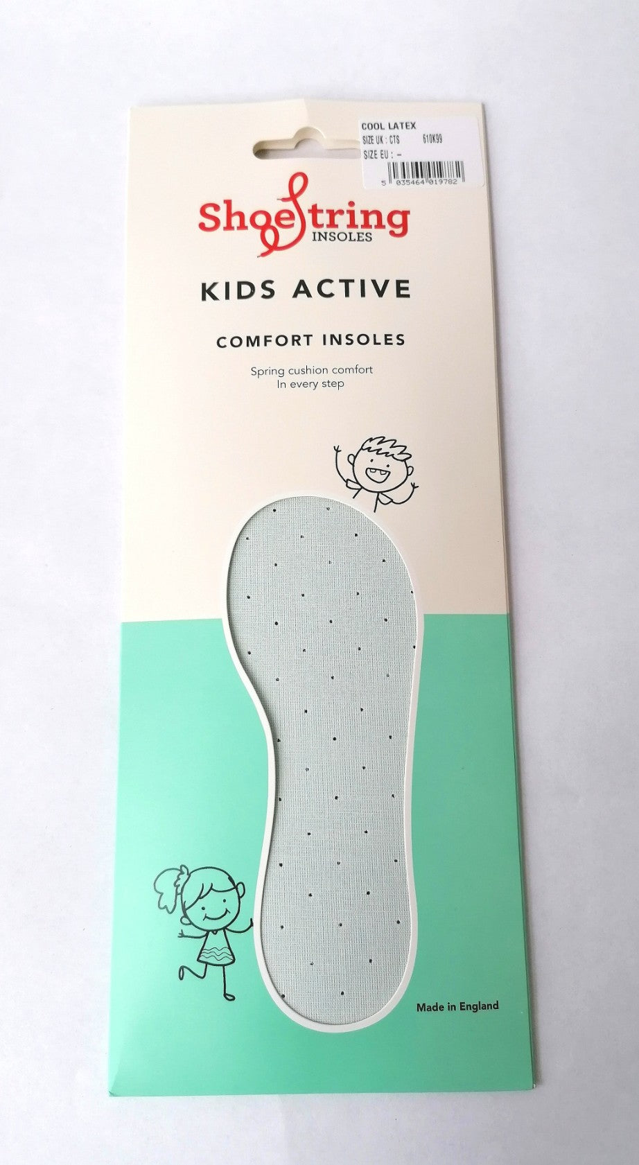 A pair of Kids Active Cut to Size foam latex insoles by Shoe String.