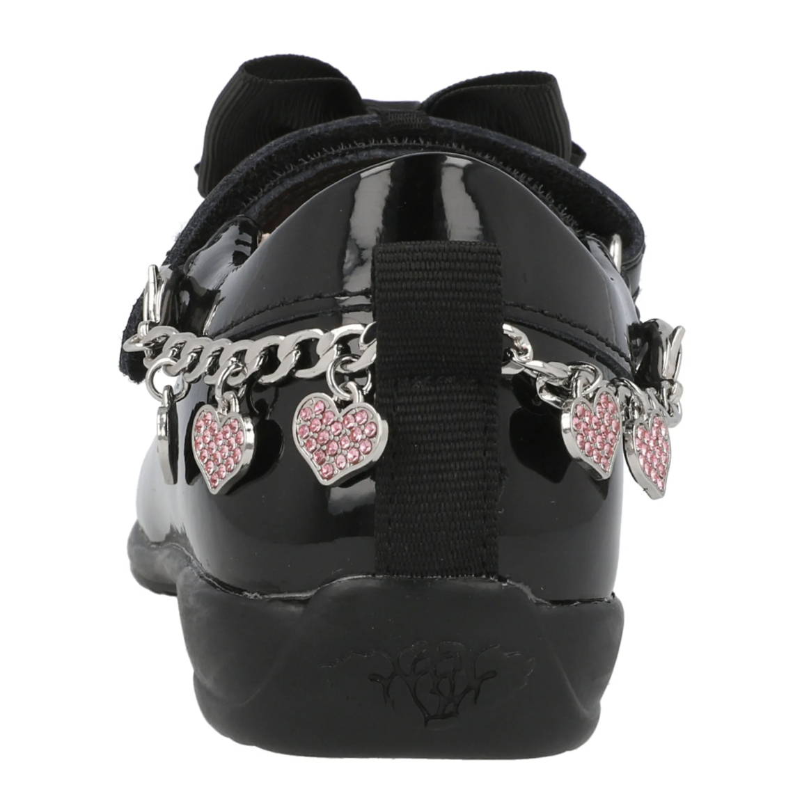 A girls Mary Jane school shoe by Lelli Kelly, style LK8224 Angel, in black patent leather with velcro fastening and detachable fabric bow and bracelet. Close up view from back.