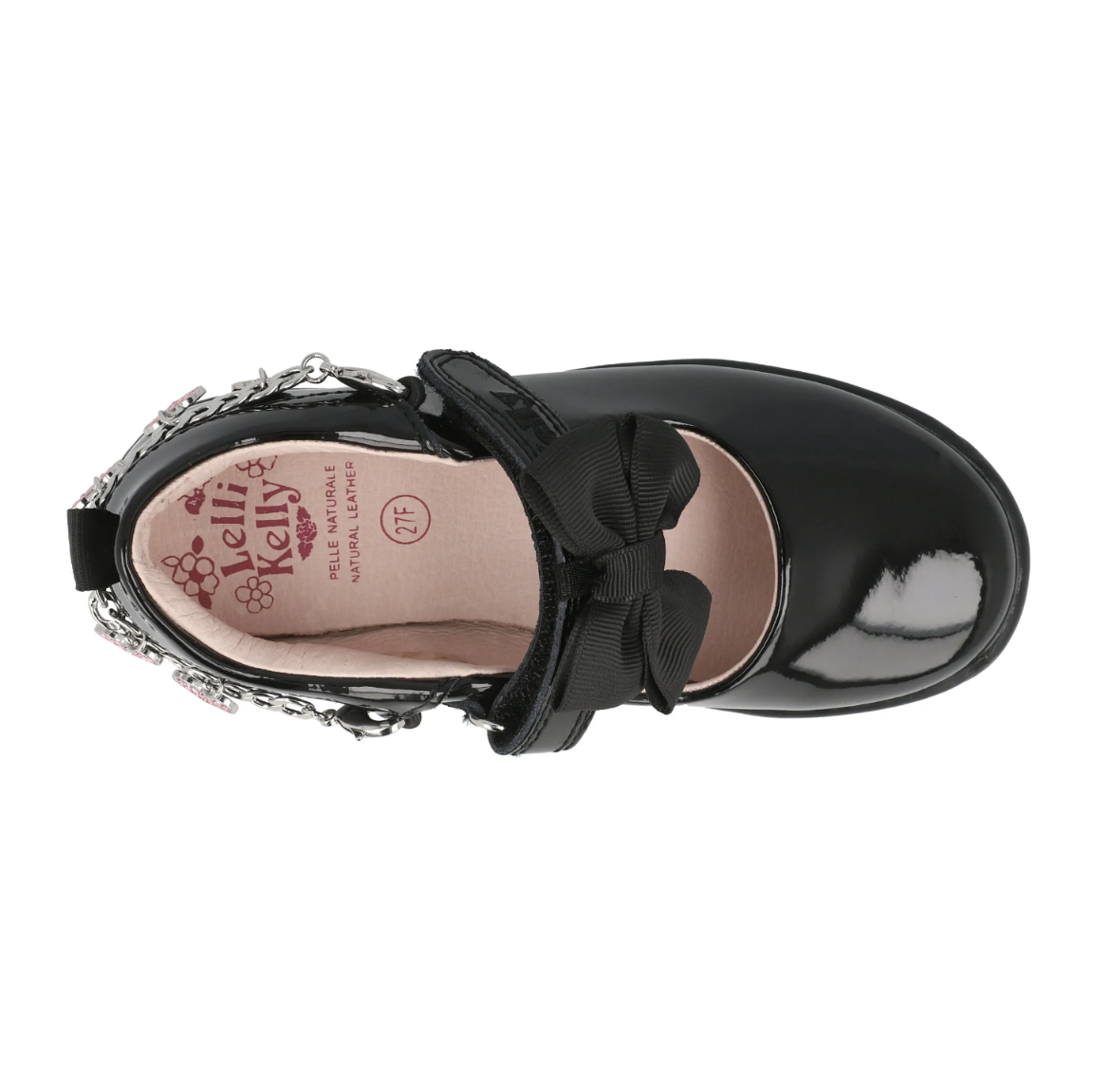 A girls Mary Jane school shoe by Lelli Kelly, style LK8224 Angel, in black patent leather with velcro fastening and detachable fabric bow and bracelet. View frpm above