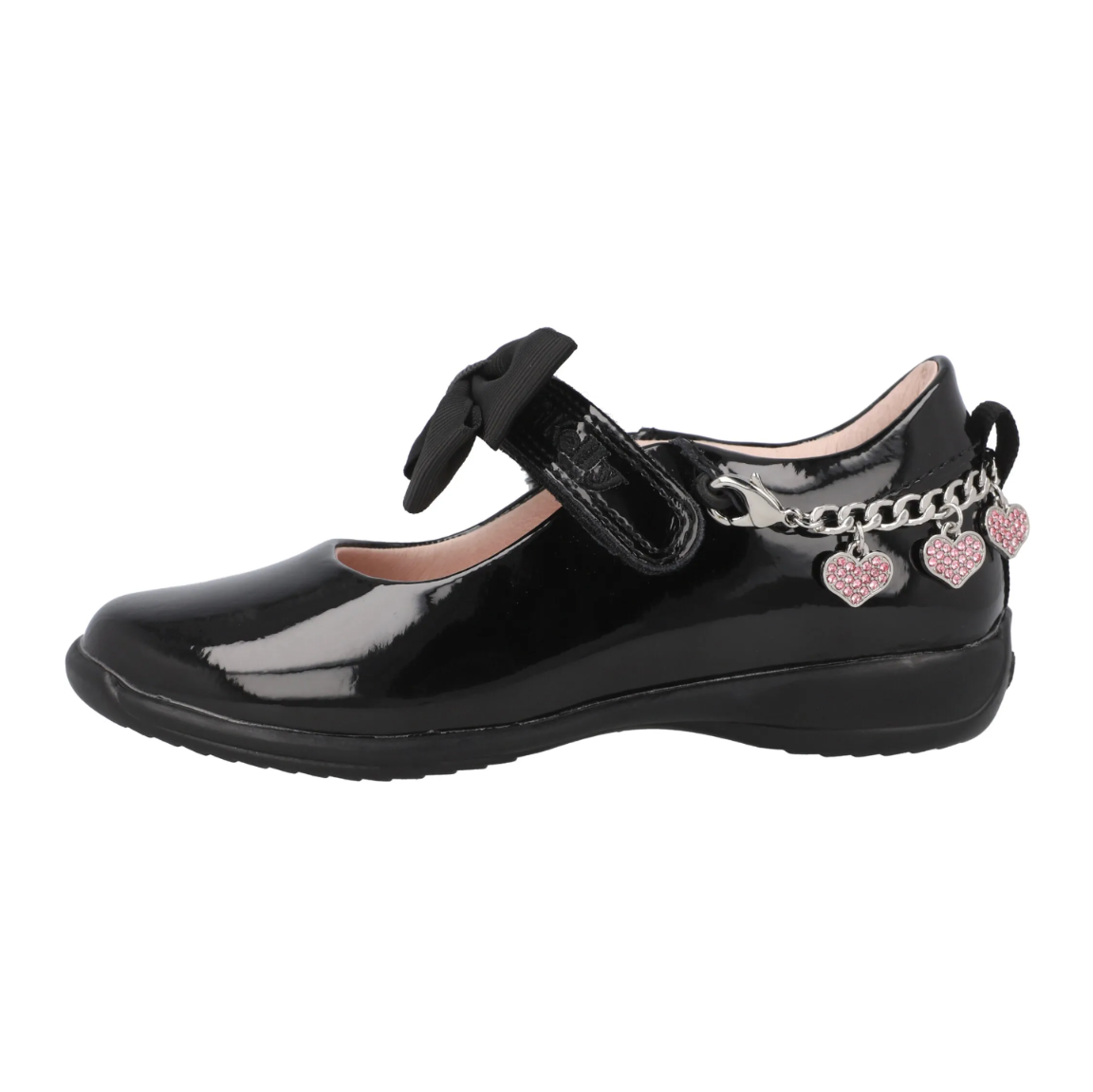 A girls Mary Jane school shoe by Lelli Kelly, style LK8224 Angel, in black patent leather with velcro fastening and detachable fabric bow and bracelet. Left side view.