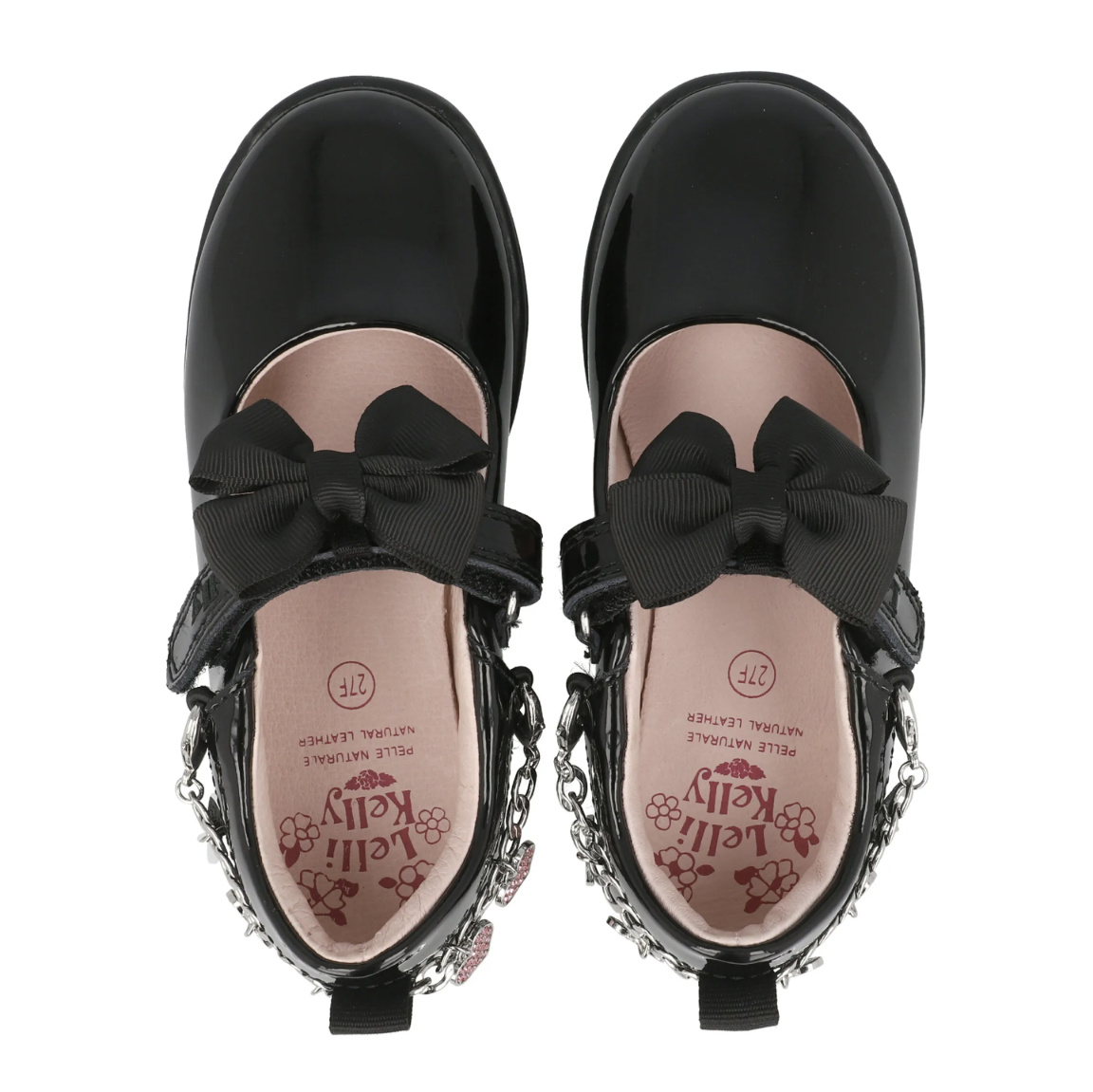 A girls Mary Jane school shoe by Lelli Kelly, style LK8224 Angel, in black patent leather with velcro fastening and detachable fabric bow and bracelet. View from above.