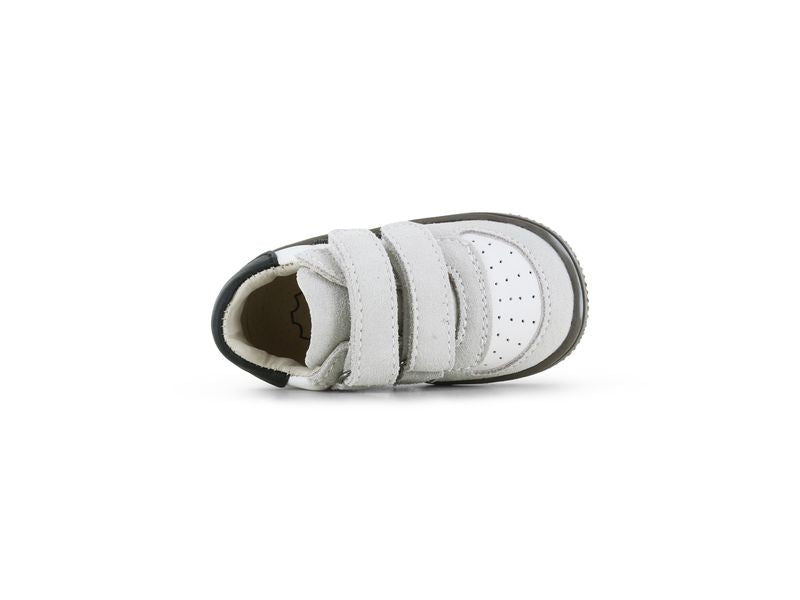 Shoesme Low Top Trainer in black white and beige with double Velcro strap and dark brown sole. Tope view.