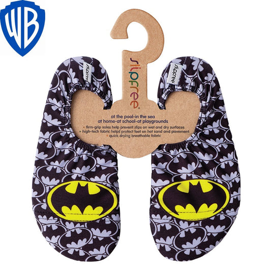A non-slip shoe by Slipfree in collaboration with Warner Brothers, style Bruce (Batman) in grey black and yellow Batman print. Front view.