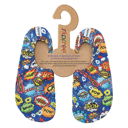 A boys non slip swim shoe by Slipfree, style Superhero, in Royal Blue with onomatopoeia print. Front view.