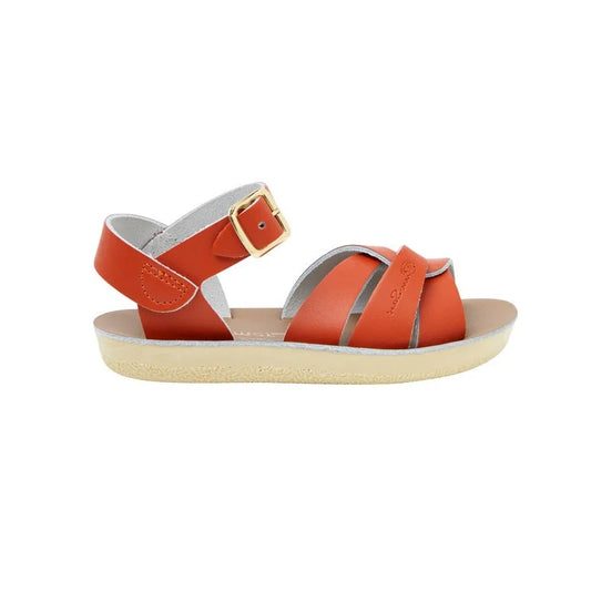 A unisex swimmer design sandal by Salt Water Sandals in paprika with buckle fastening around the ankle. Open Toe and Sling-back with woven detail across the instep. Right Side view.