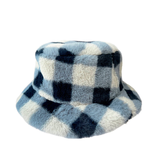 A bucket hat by Rockahula, style Furry Checked, in blue checked fur. Front view.