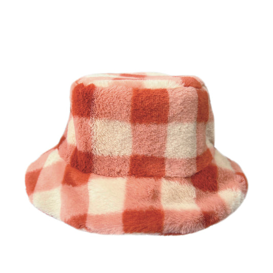 A bucket hat by Rockahula, style Furry Checked, in coral checked fur. Front view.