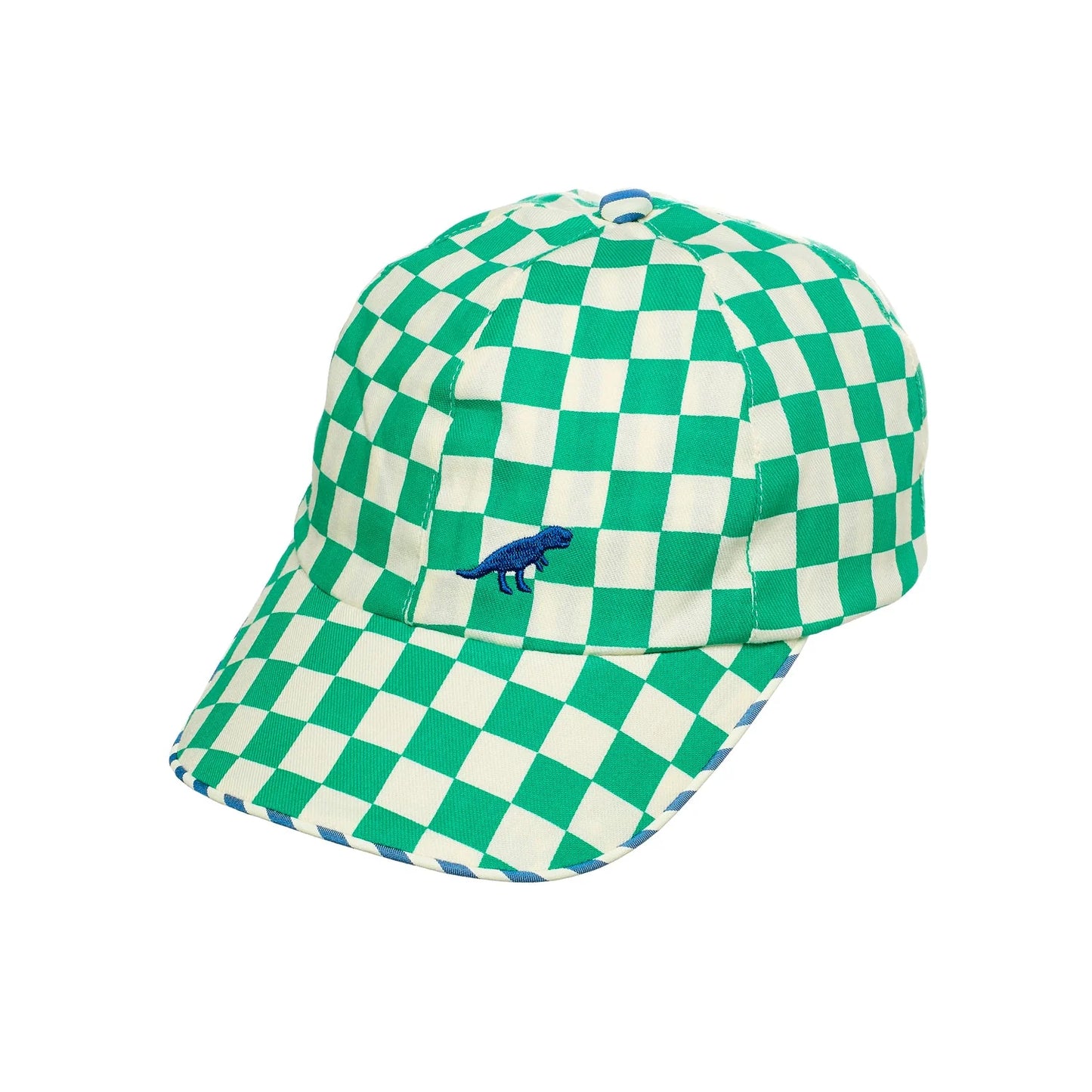 A green and white check cap with blue dinosaur embroidered by Rockahula 