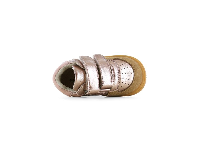 Shoesme Low Top Trainer in rose gold with leopard print stipes, double Velcro strap and a gum sole. Top view