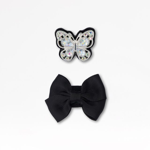 Shoe accessories by Lelli Kelly ,style LKSO8964CVR Selena, a butterfly embellished charm and a black fabric bow charm.