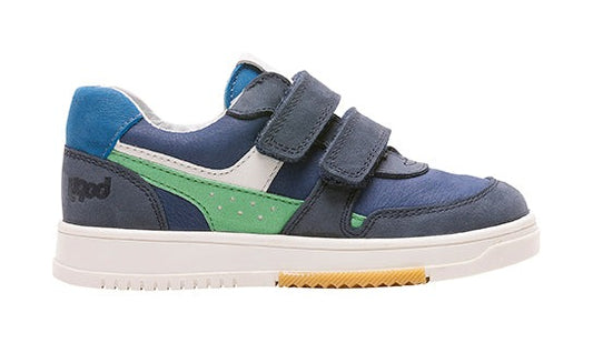 A boys casual trainer by Bopy, style Voga, in blue with green side and double velcro fastening. Right side view.