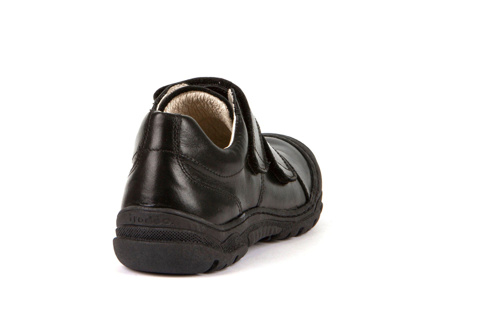 A boys school shoe by Froddo, style G3130188 Leo, in black leather with double velcro fastening. Angled view.