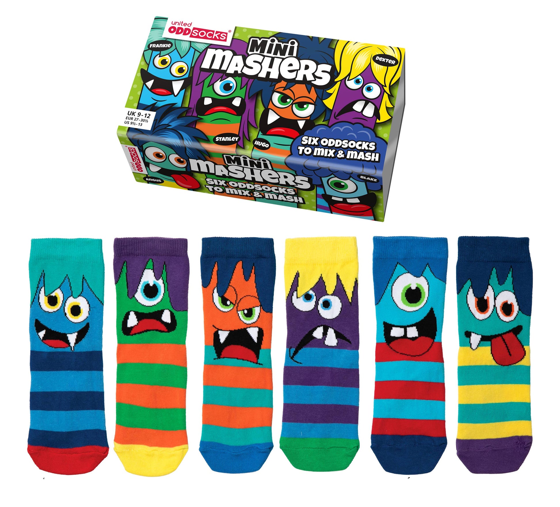 3 pairs of non matching multicoloured monster print socks by Odd Socks, style Mini Mashers. Front view of multicoloured Mini Mashers gift box and socks.