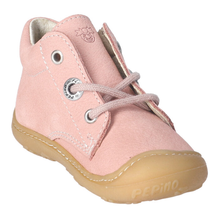 A girls ankle boot by Ricosta, style Cory in pink/barbados, with pink laces and toe and heel bumpers.Angled right side view