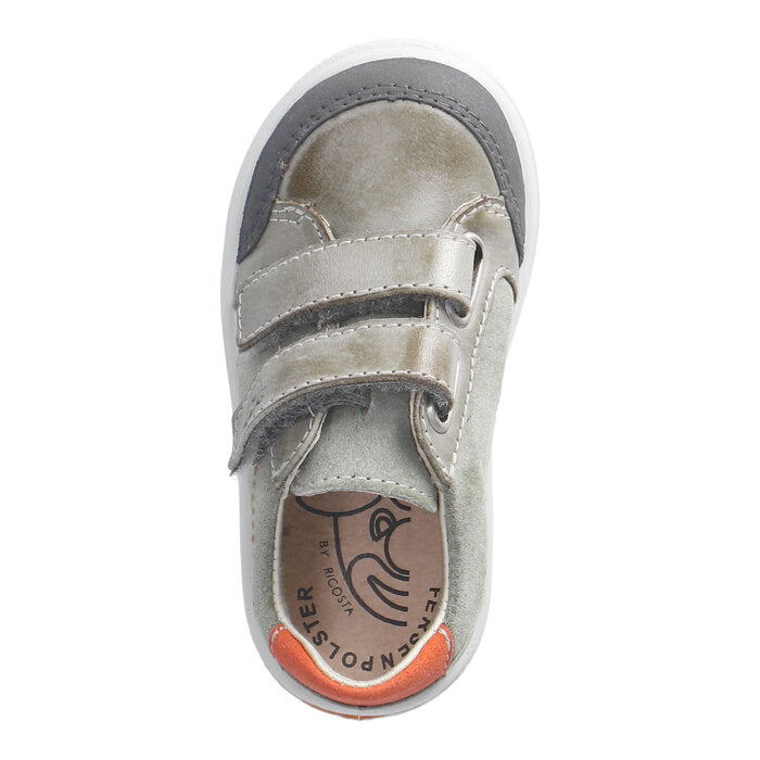 A boys casual shoe by Ricosta, style Jamie in eucalyptus with orange stitching on side and orange ankle and two velcro straps. Top view