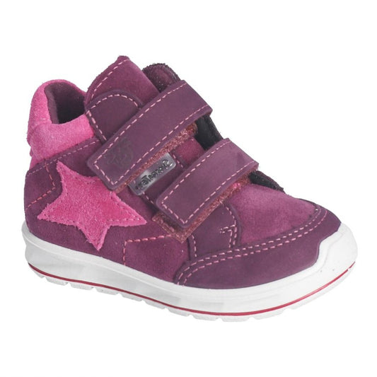 A girls waterproof ankle boot by Ricosta, style Kimi, double velcro fastening in purple with pink star detail. Right angled view.