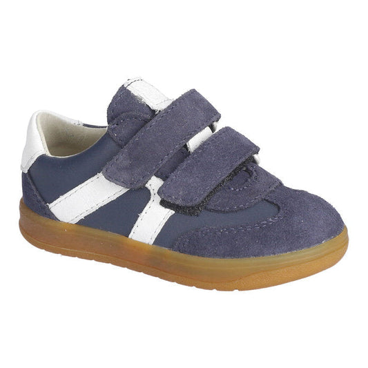 A boys casual shoe by Ricosta, style Dakota in nautic with two velcro straps and white stripe detail on side. Right side view