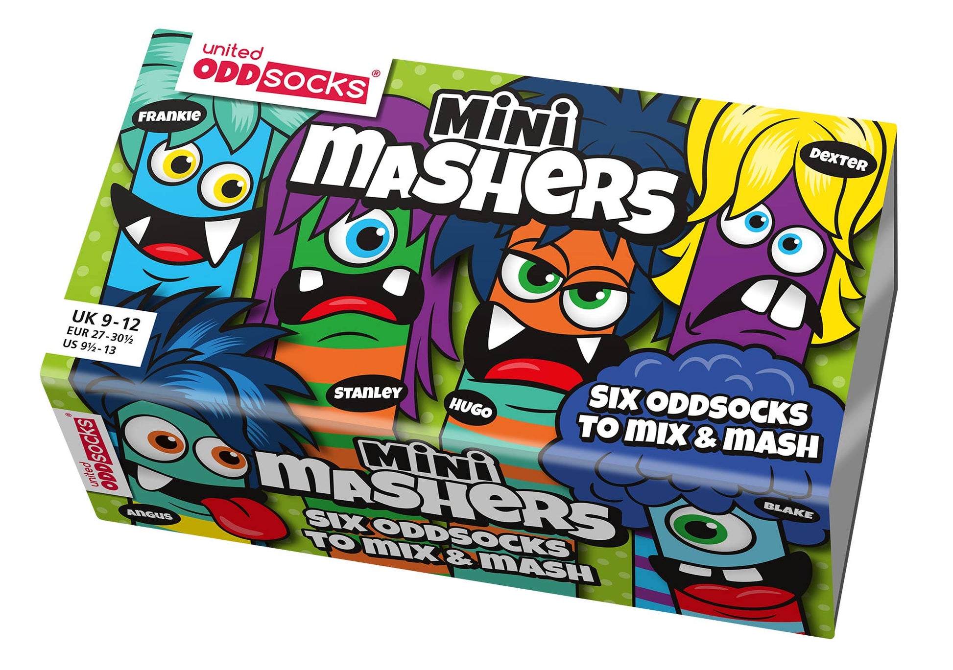 Mini Mashers gift box showing pictures of multicoloured monsters. Angled front view.