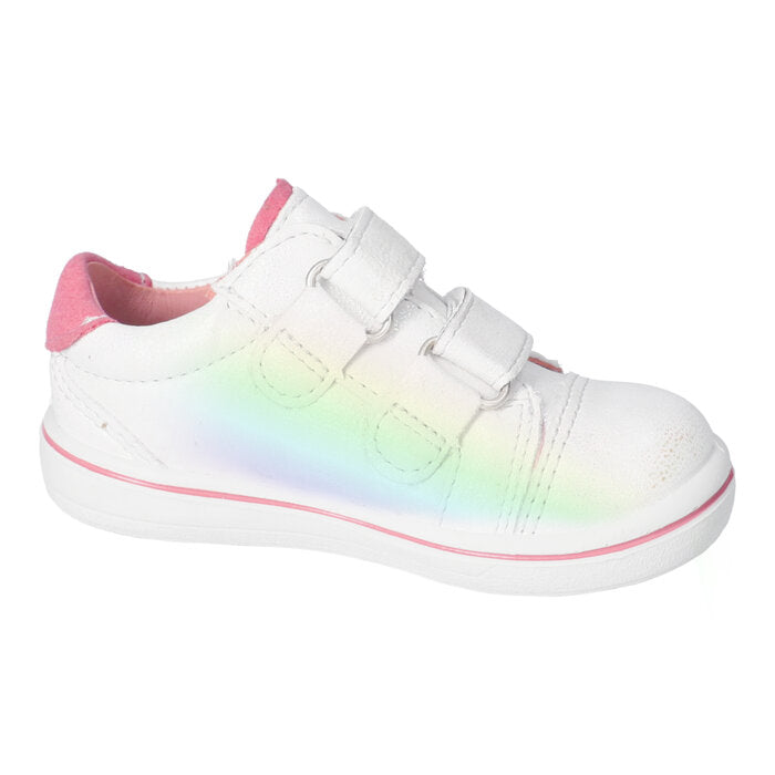 A girls casual shoe by Ricosta, style Lenie, white iridescent with pink trim, double velcro fastening. Left inner side view.