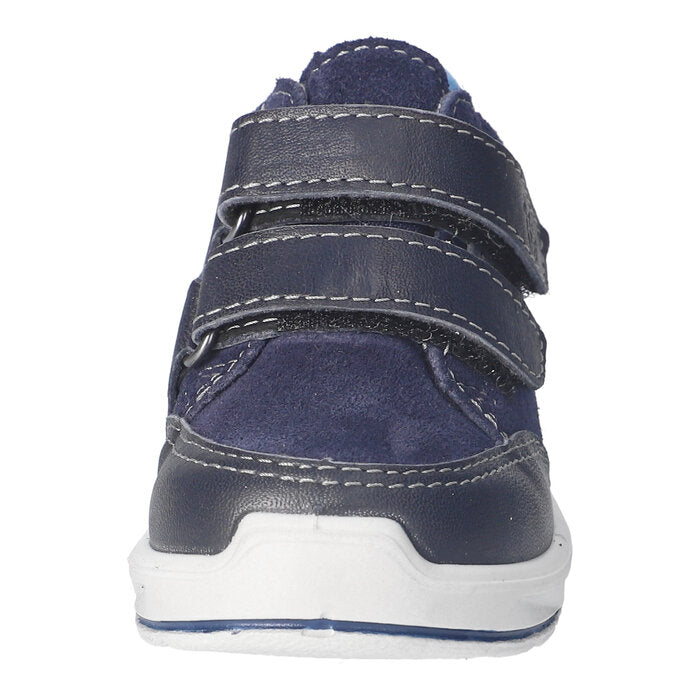 A boys waterproof boot by Ricosta, style Carlo, in blue multi with double velcro fastening. Front view.