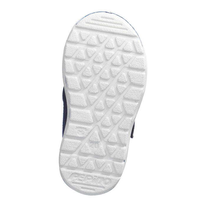 A boys waterproof boot by Ricosta, style Carlo, in blue multi with double velcro fastening. Sole view.