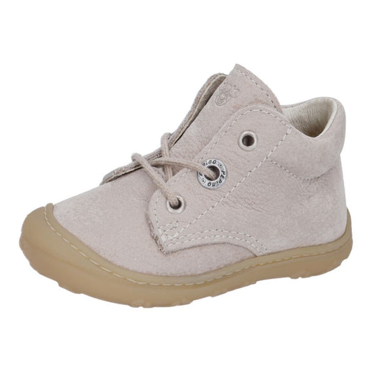 A boys ankle boot by Ricosta, lace-up in light grey with a toe bumper. Left side view.